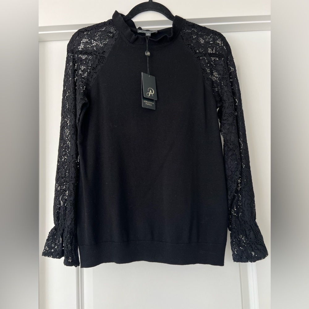 Adrianna Papell Ragtan Lace Sleeve Sweater Size Small Black
